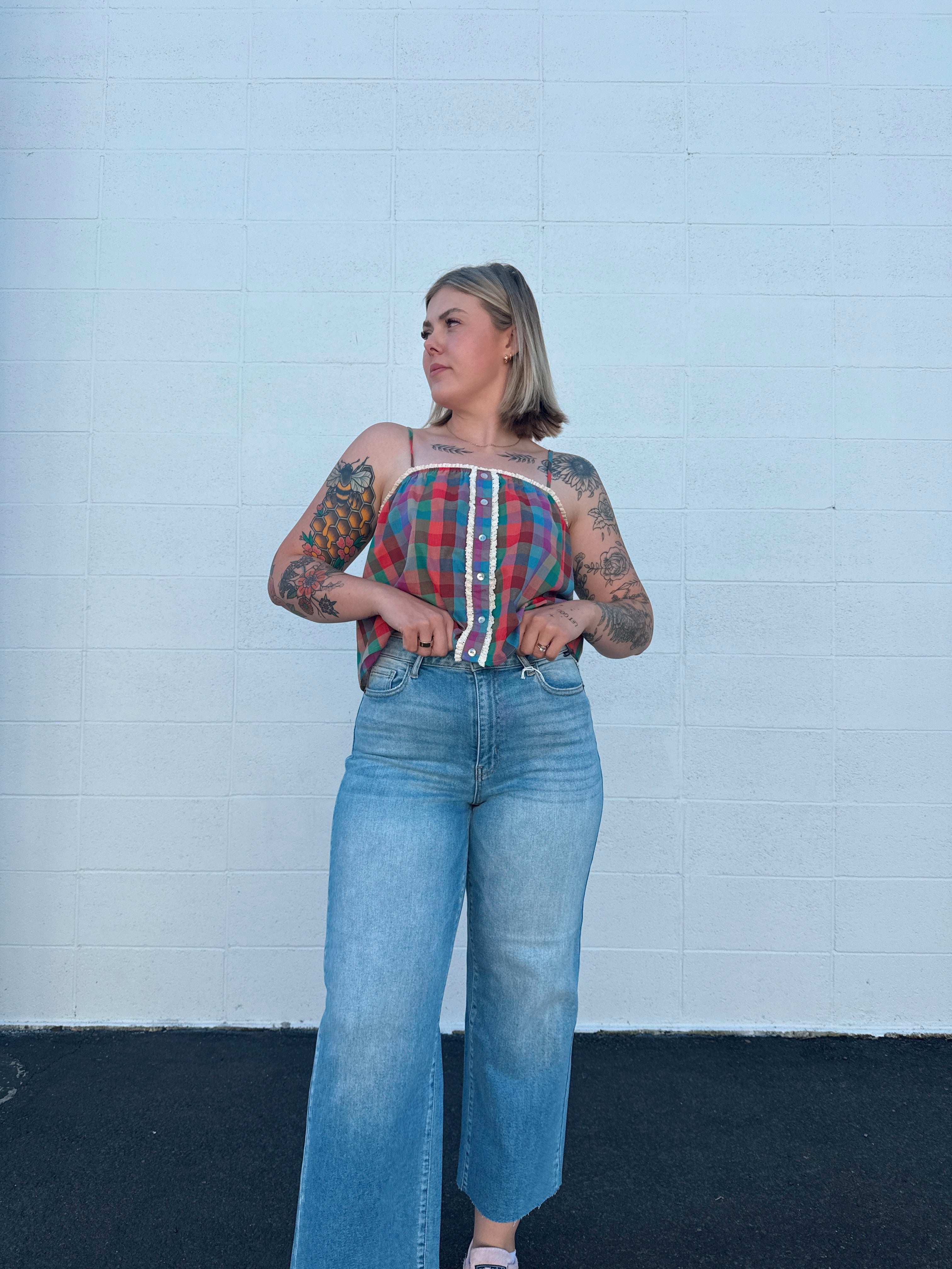 High Rise Crop Raw Hem Denim Pants
