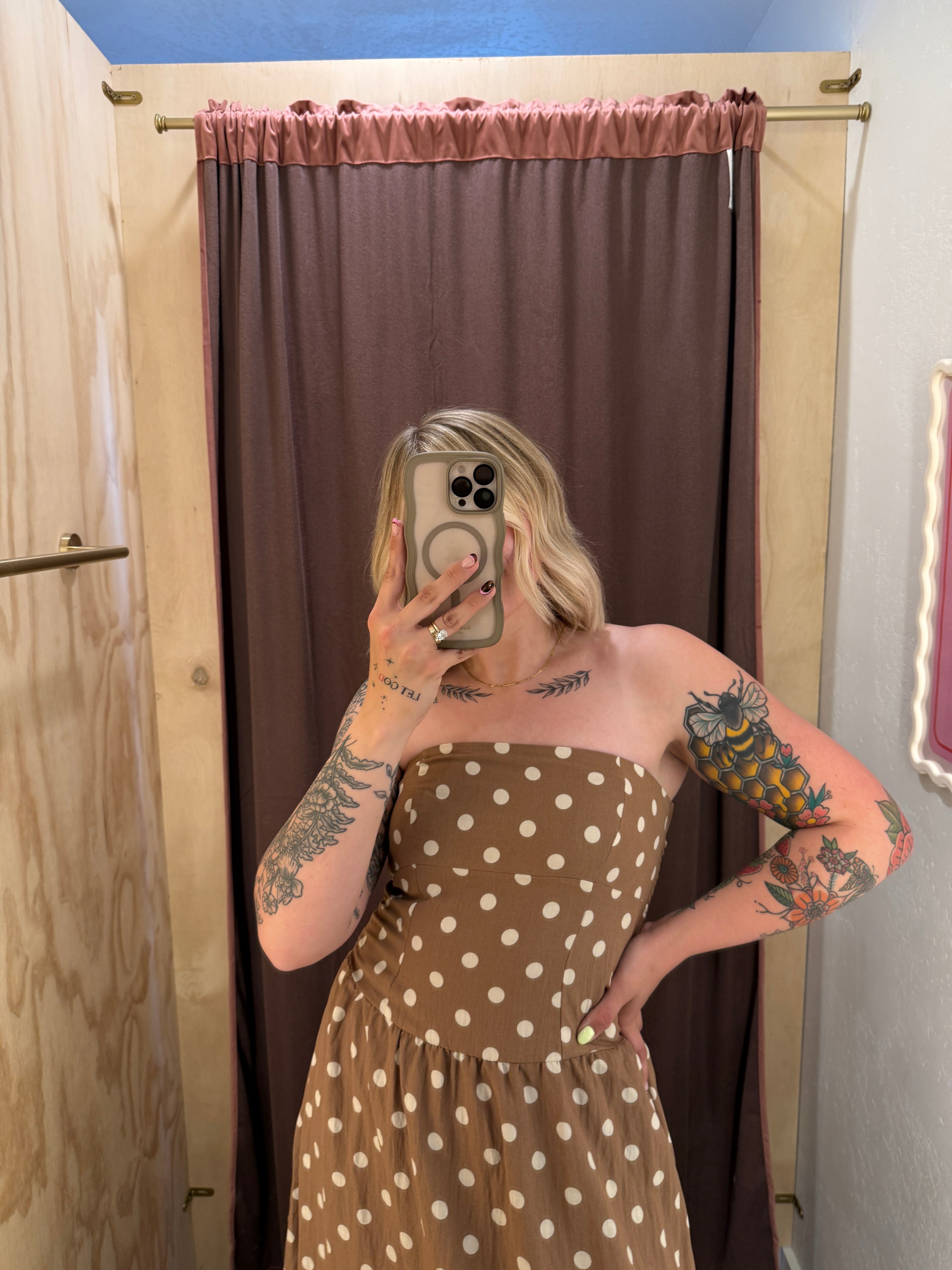 Mocha Dot Strapless Midi Dress