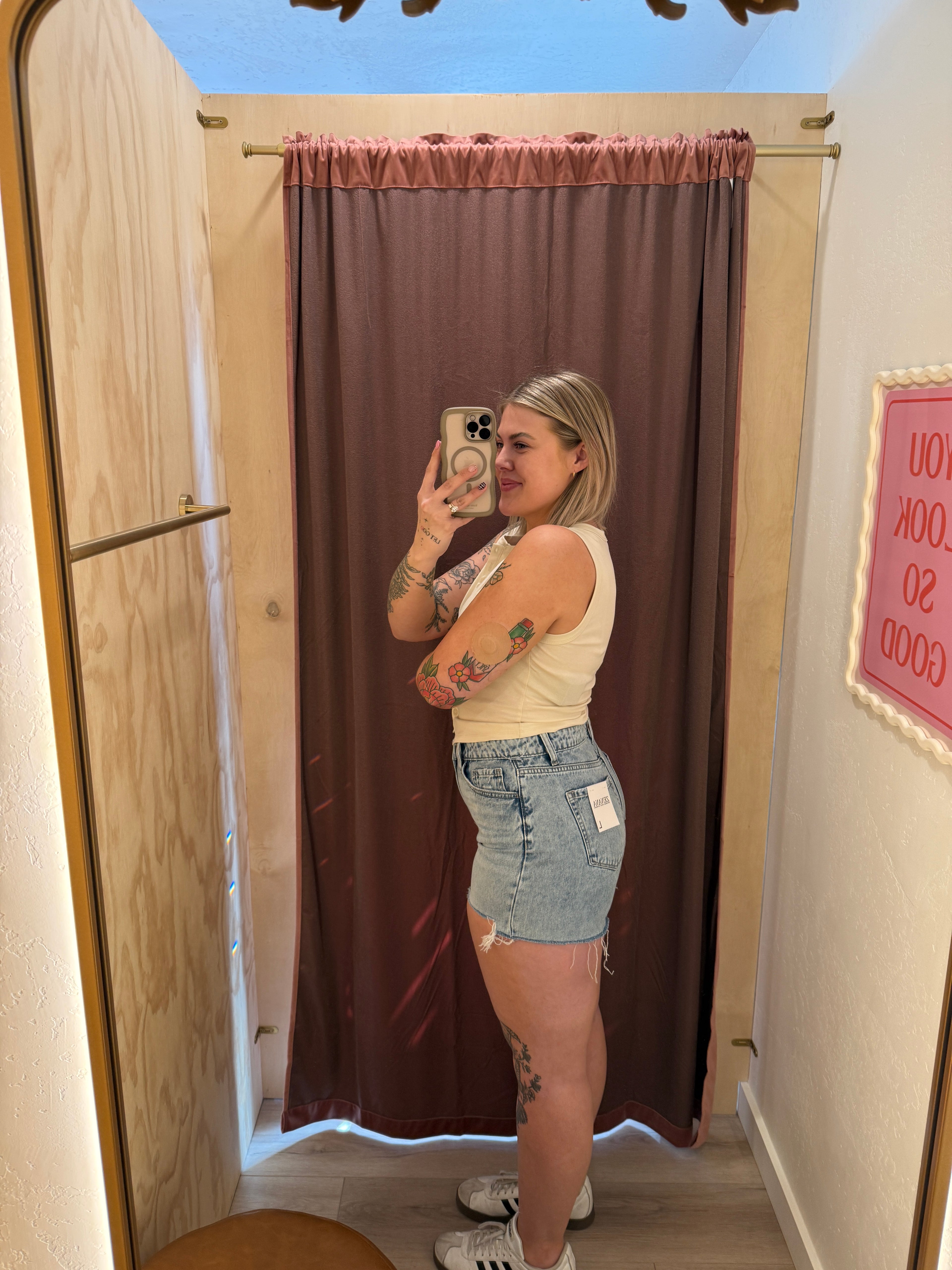 High Rise Light Wash Cotton Denim Shorts