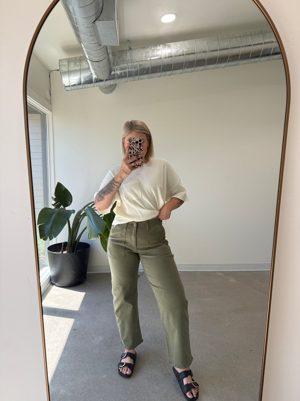 Olive Twill Utility Barrel Jeans