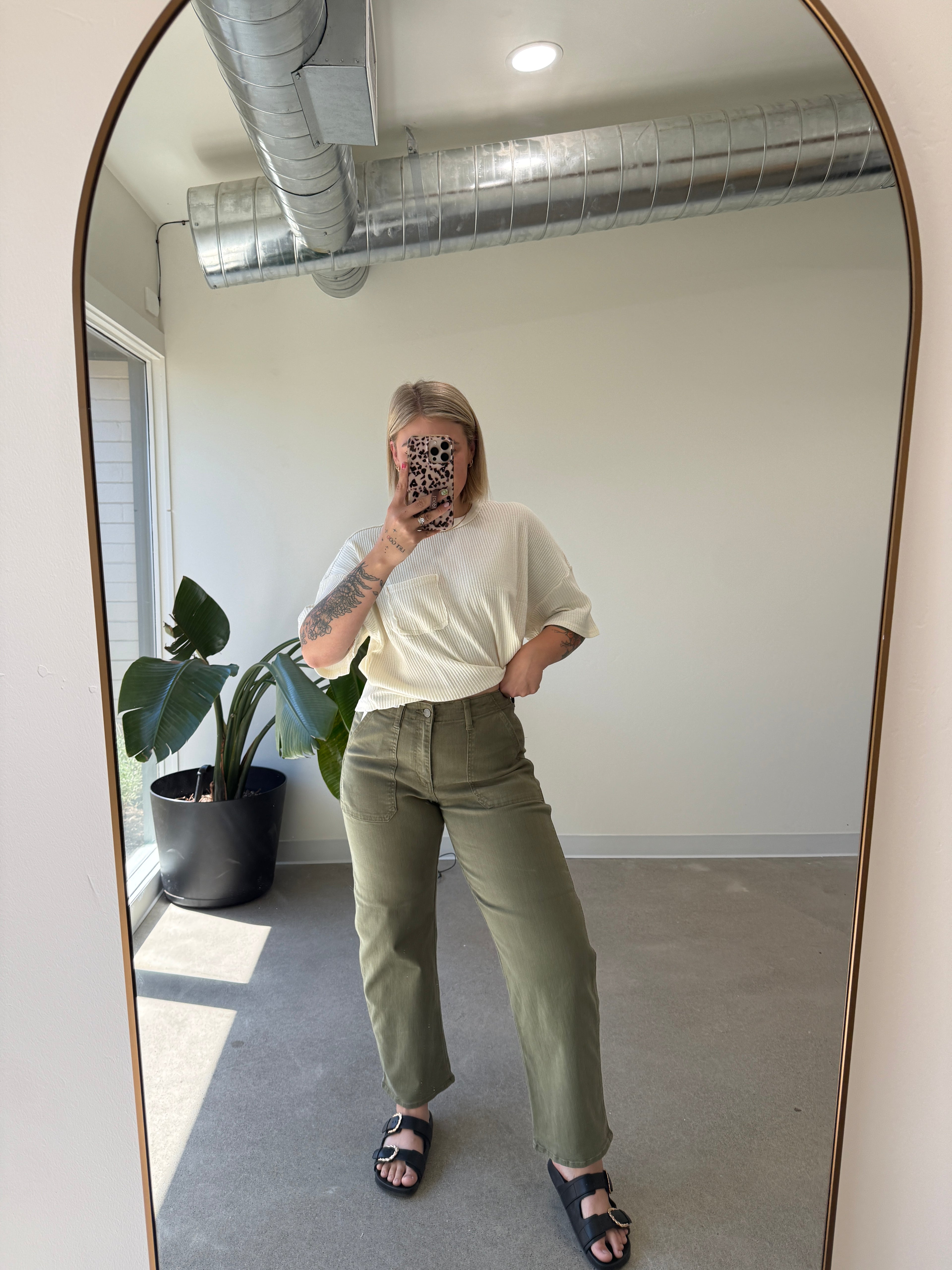 Olive Twill Utility Barrel Jeans