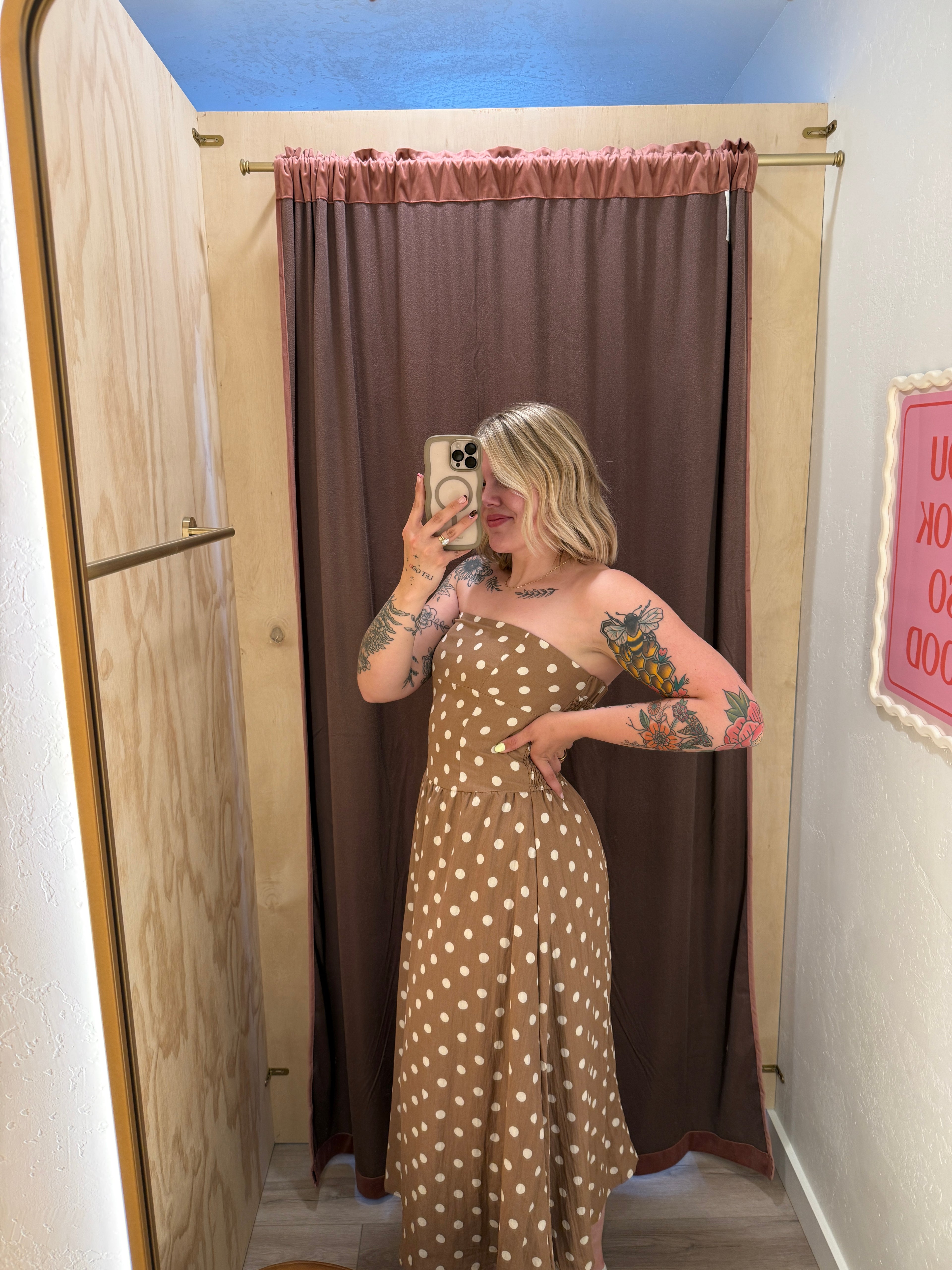 Mocha Dot Strapless Midi Dress
