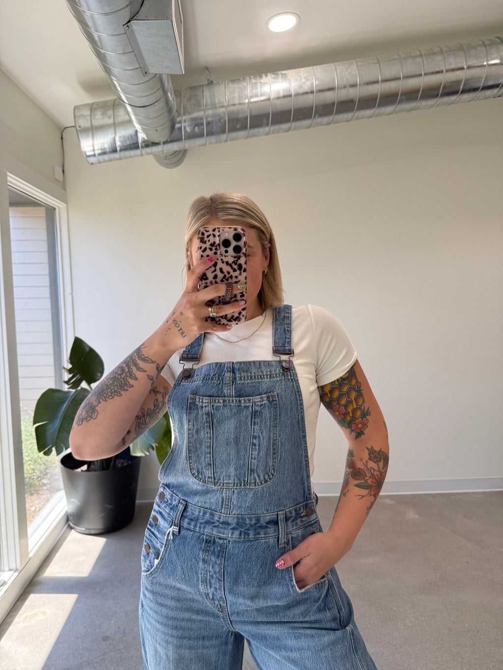 Mid Waisted Barrel Overall - Medium Wash