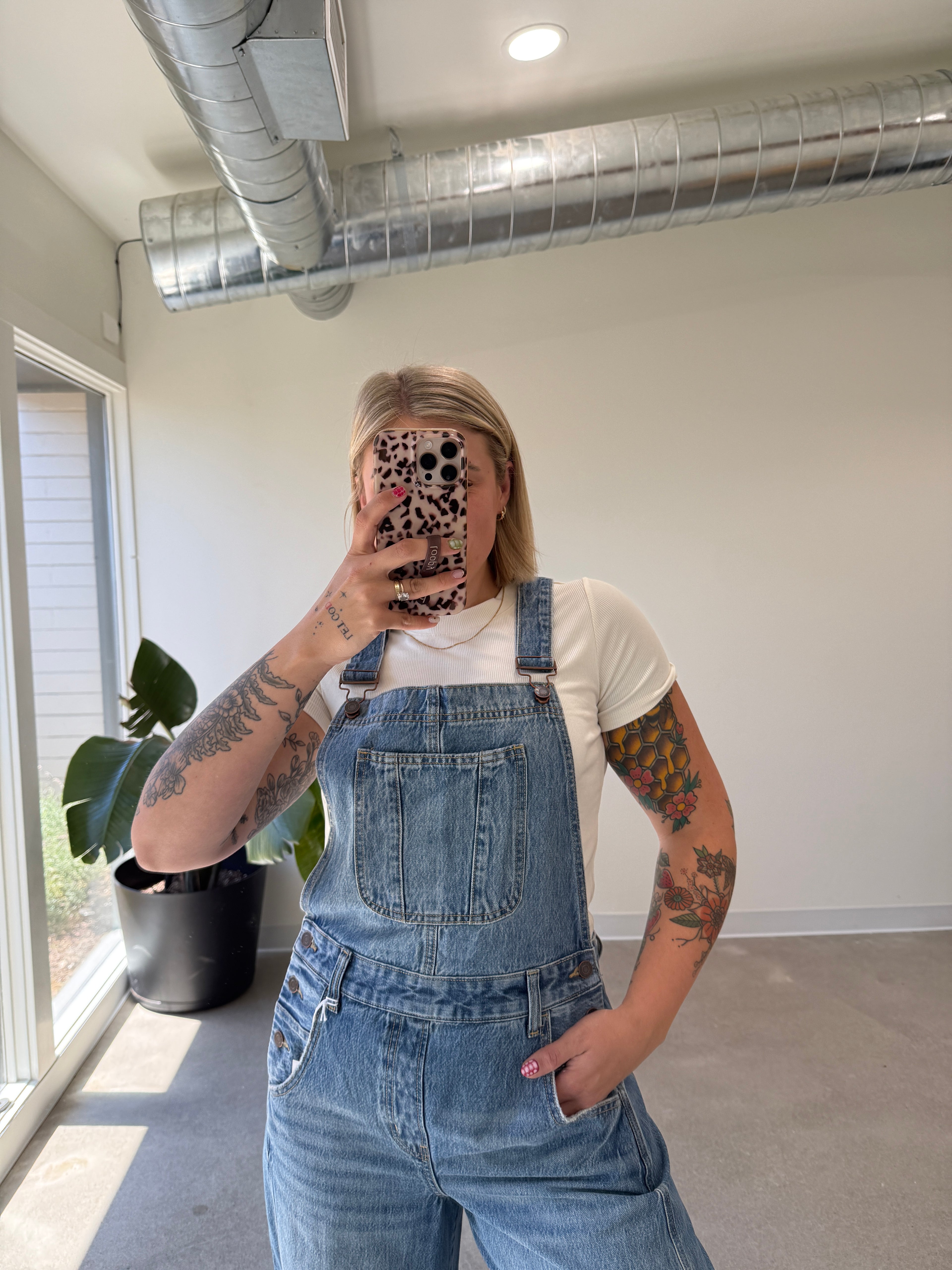 Mid Waisted Barrel Overall - Medium Wash