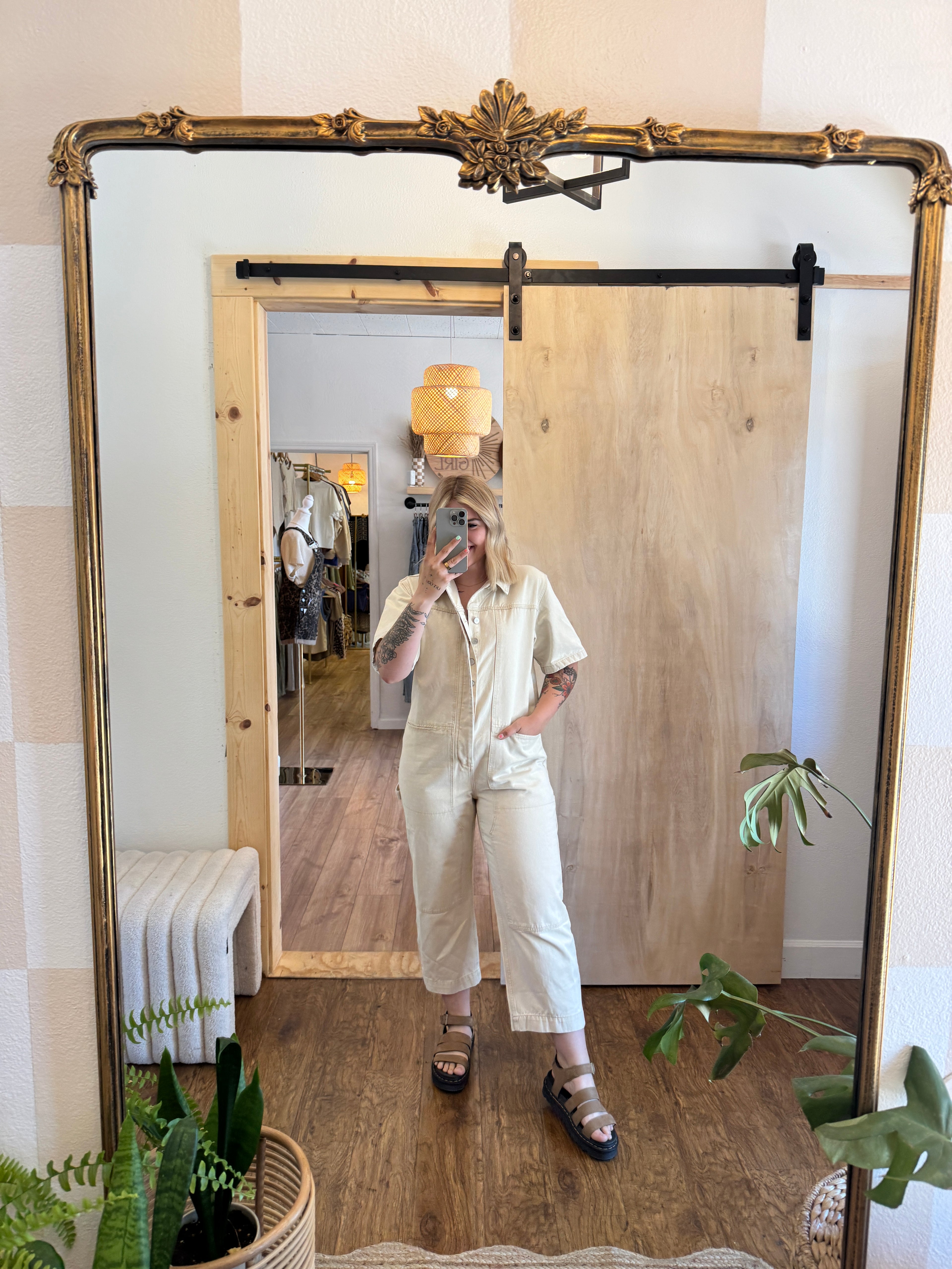 Cream Denim Short Sleeve Collared Jumpsuit