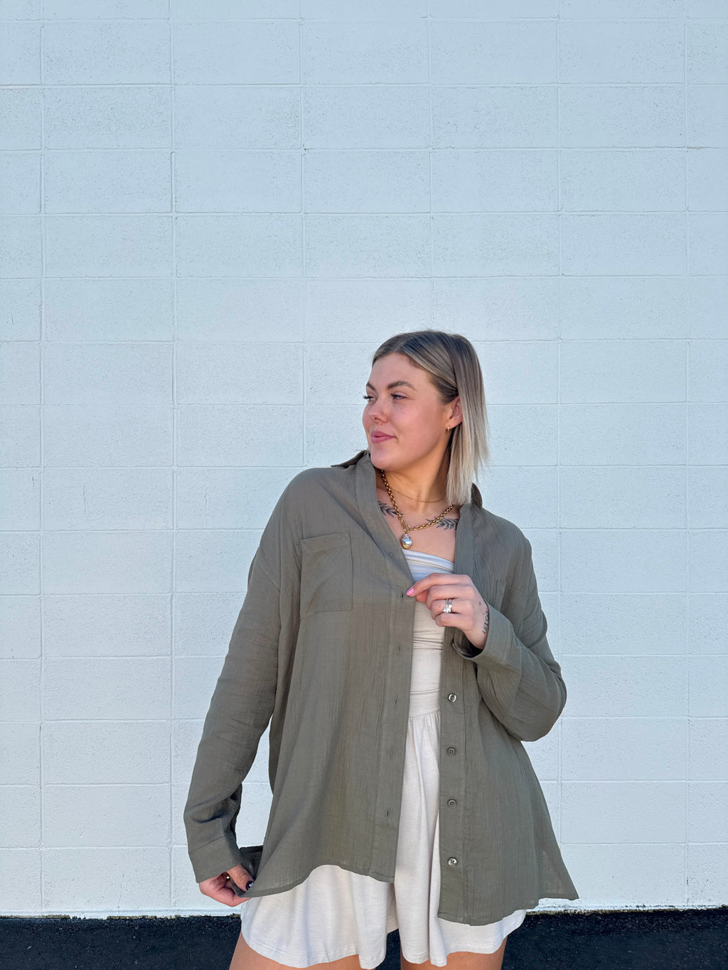Olive Gauze Button Down Top