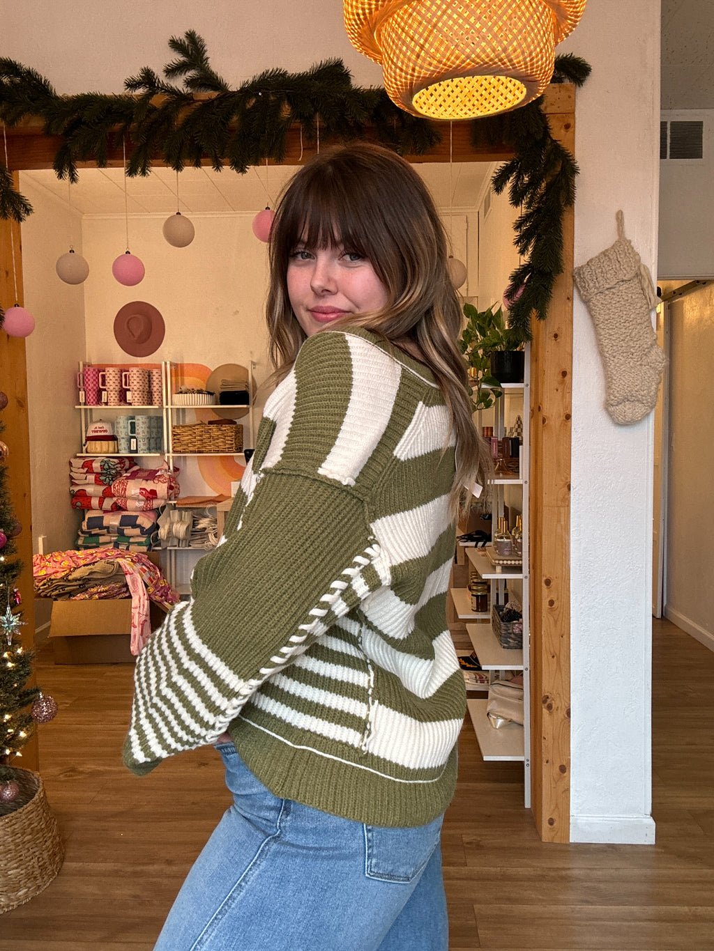 Multi-Stripe Button Front Whip Stitched Cardigan