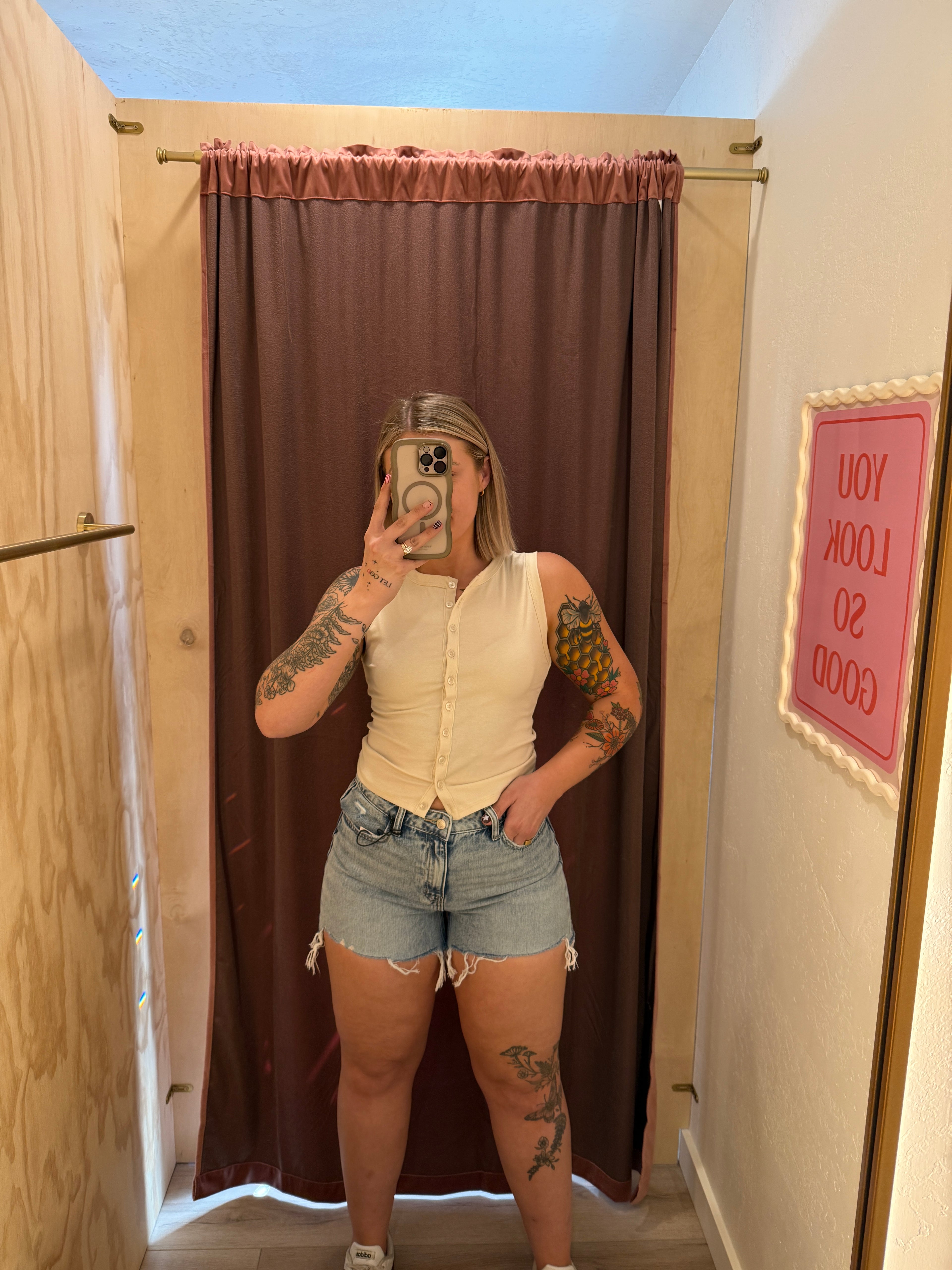 High Rise Light Wash Cotton Denim Shorts