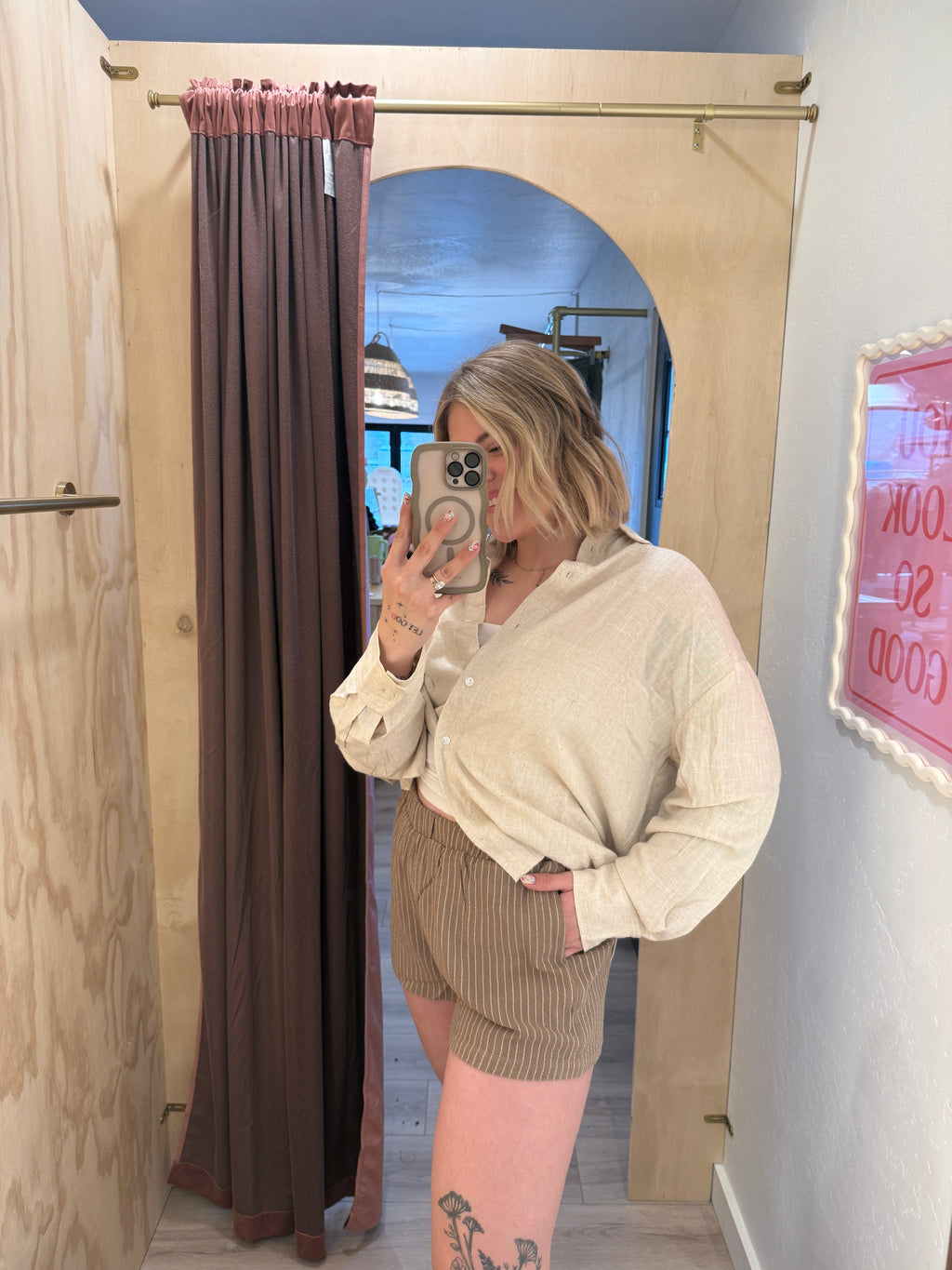 Mocha Striped Linen Blend Shorts