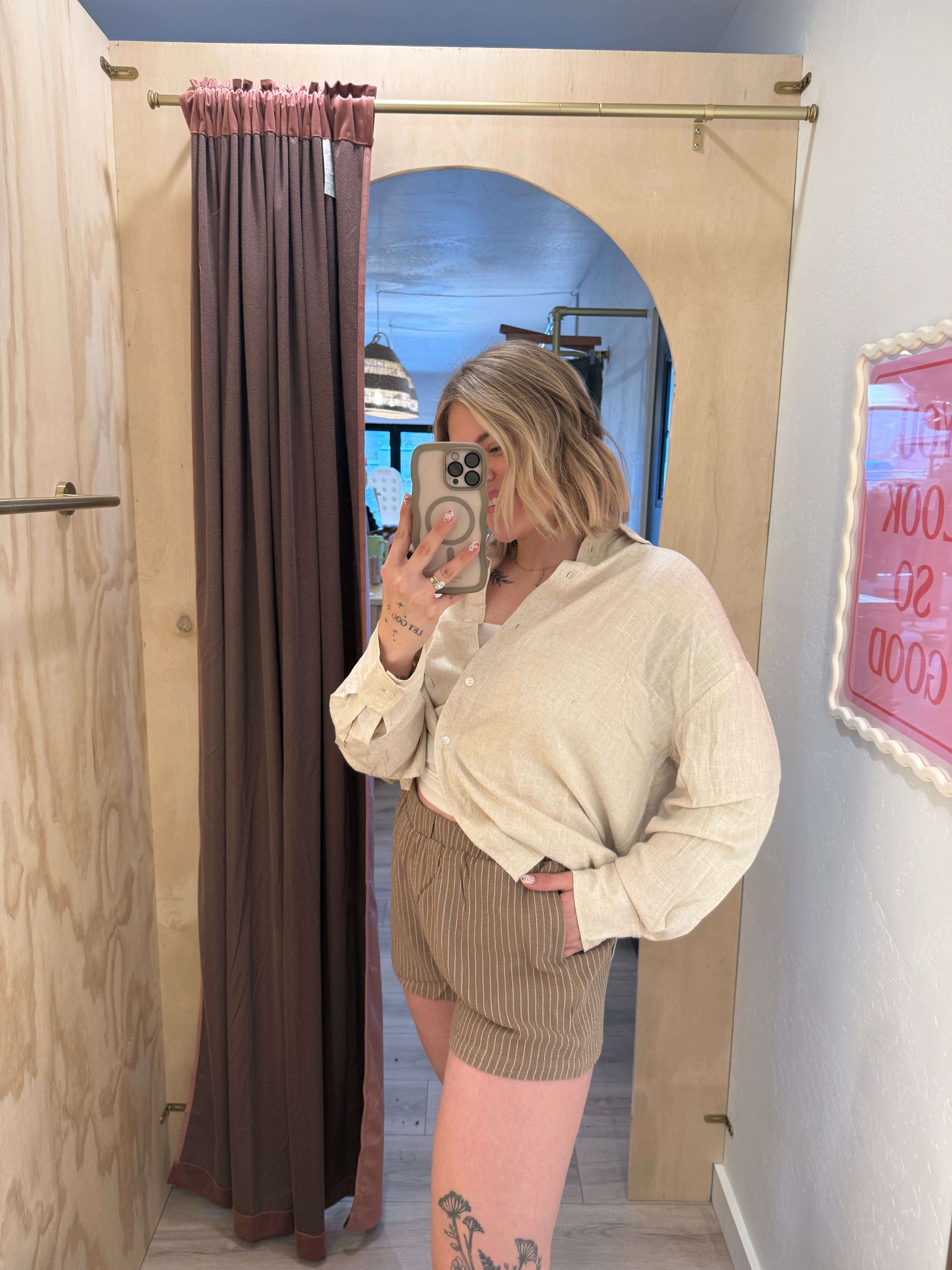 Mocha Striped Linen Blend Shorts