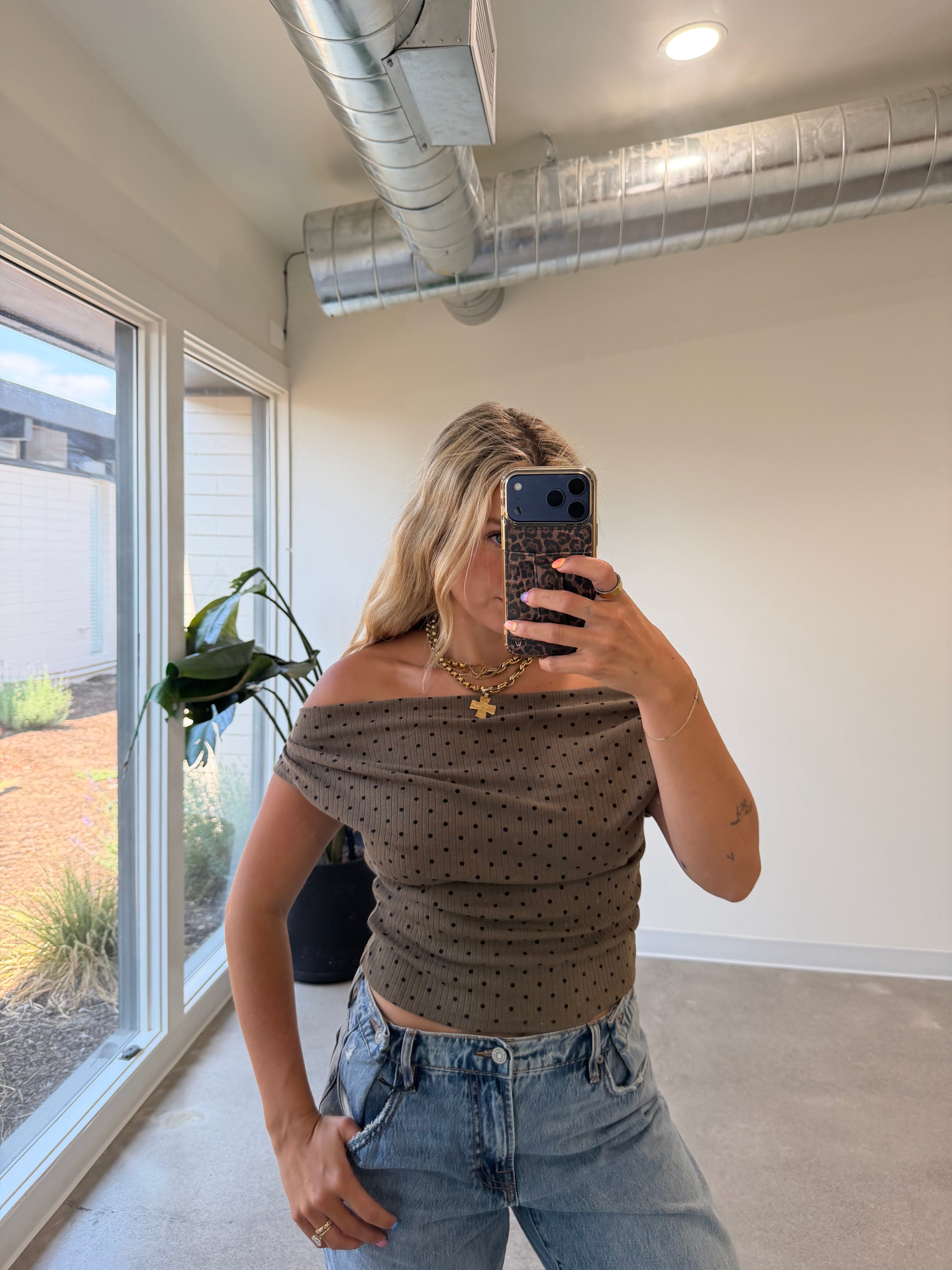 Mocha Dottie Slouchy Shoulder Top